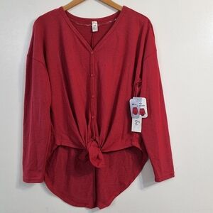 Women's Hacci Tie Front Button Down Viva Magenta Long Sleeve Top,Size Medium,NWT